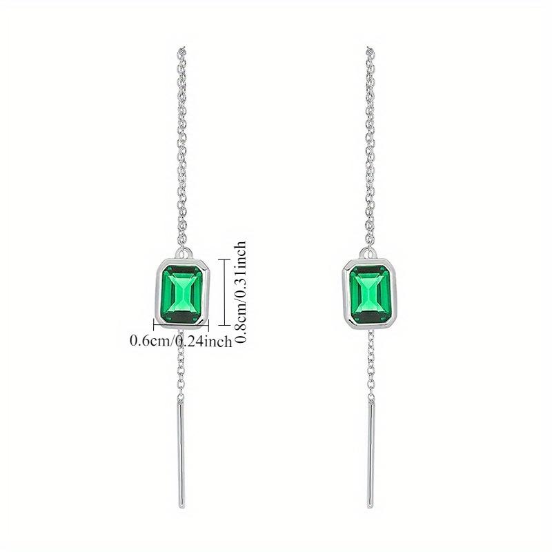 Silver Plated Emerald Cut Green CZ Threader Earrings, Long Chain Drop Earrings for Women