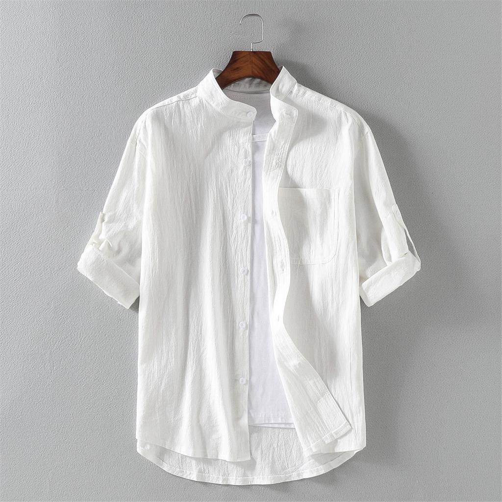 Men's Loose Solid Cotton Linen Shirt Summer Stand Collar Five Points Medium Sleeve Shirt