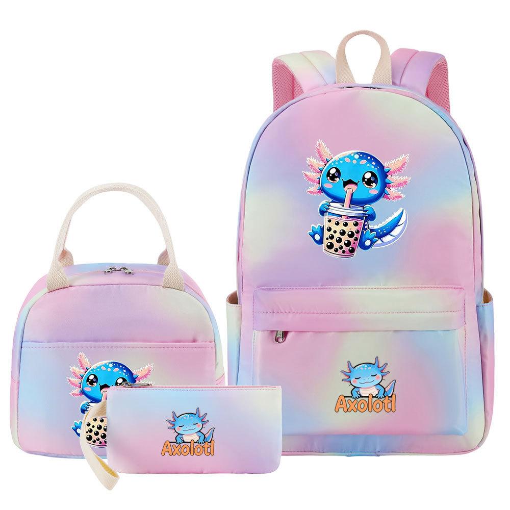 3Pcs Axolotl Backpack for Girls Teen, School Bag with Lunch Box & Pencil Case, Kids Student Daypack, Mochila Back To School Gift