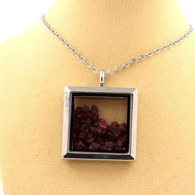 Stones and Minerals. Raw Ruby Necklace. Square Model. Color Silver.