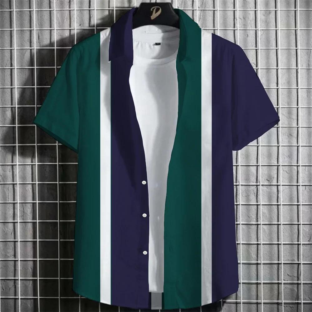 Spring Summer Men Clothes Short Sleeve Stripe Shirt 3D Digital Print Casual Tops