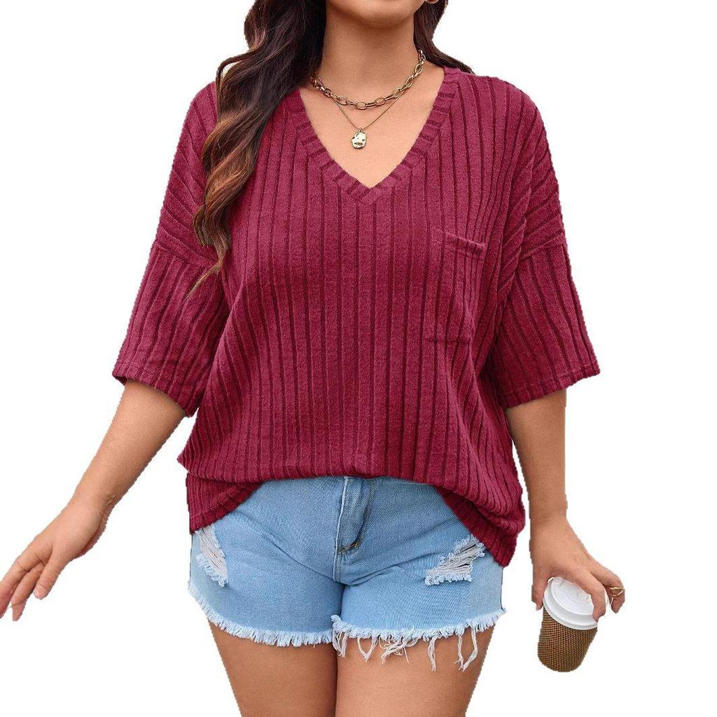 2025 Spring/Summer European & American Fashion Casual Women's Solid V-neck Pocket 3/4 Sleeve T-shirt