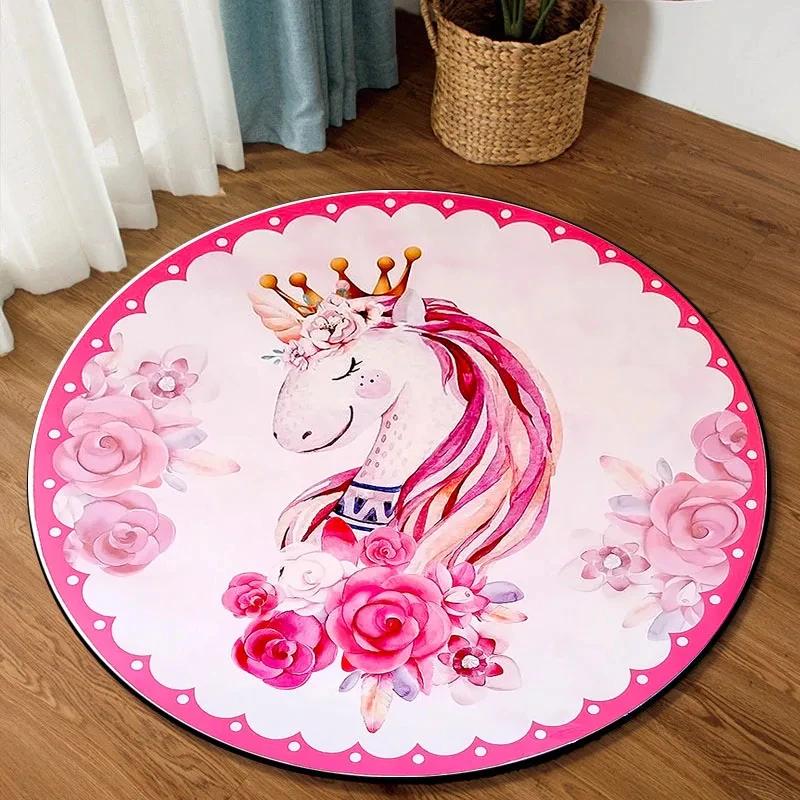 Cute Cartoon Unicorn Round Carpet Non-slip Rug for Office Living Room Bedroom Decor Soft Play Floor Mat Bathroom Kitchen Doormat