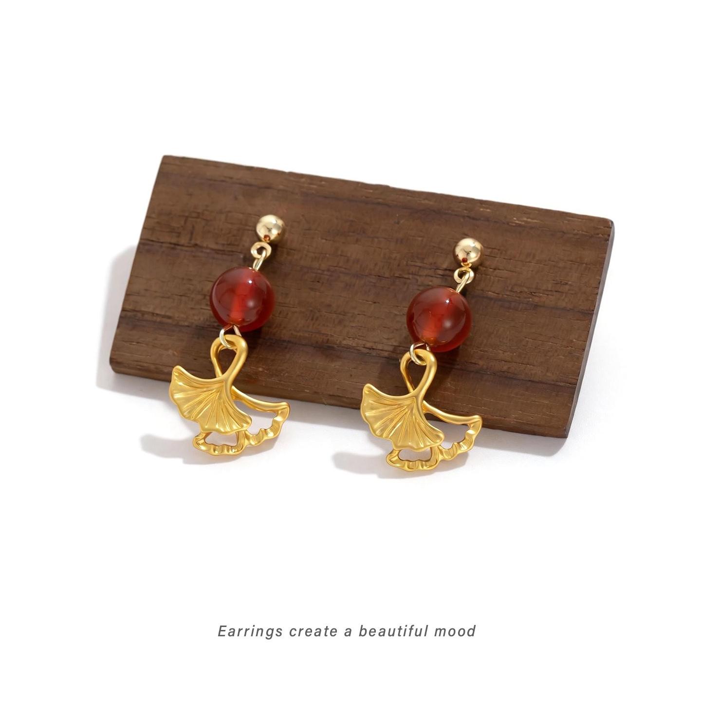 

Exquisite Gold Ginkgo Leaf Clip-On Earrings with Red Garnet for Non-Pierced Ears