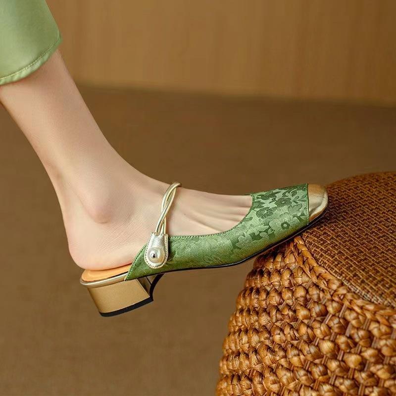 Thick heel with skirt with sandals women wear 2024 new Chinese national style fairy bag head and half slippers in summer