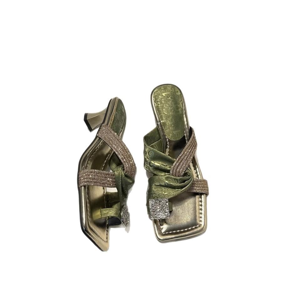 Fashion square head high heel cover toe outer slippers women's new rhinestone word with thin heels cool slippers