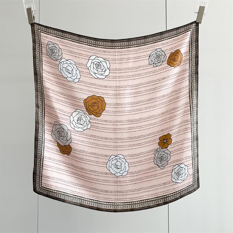 

Элегантный розовый шарф-шаль из 100% шелка тутового шелкопряда с принтом цепочки камелий для женщин, модный аксессуар, бандана, новые квадратные шарфы 65cmx65cm