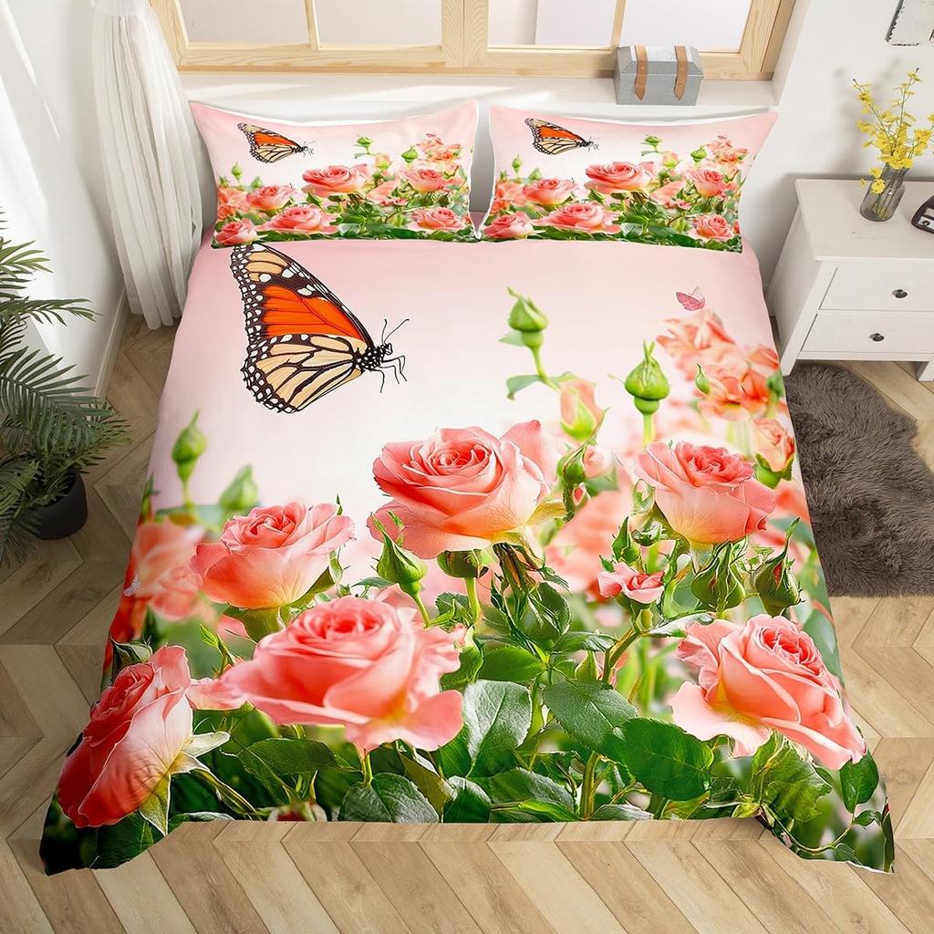 Rose Flower Duvet Cover Set Twin King Botanical Floral Bedding Set Garden Flowers Quilt Cover Valentine'S Day Bedspread Cover
