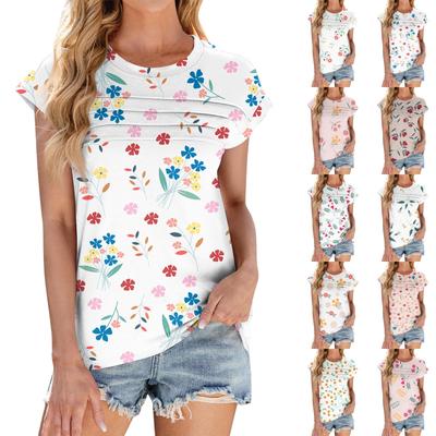 Women's Fashion Casual Short Sleeve Basic Texture Floral Round Neck T-Shirt Cap Sleeve Top