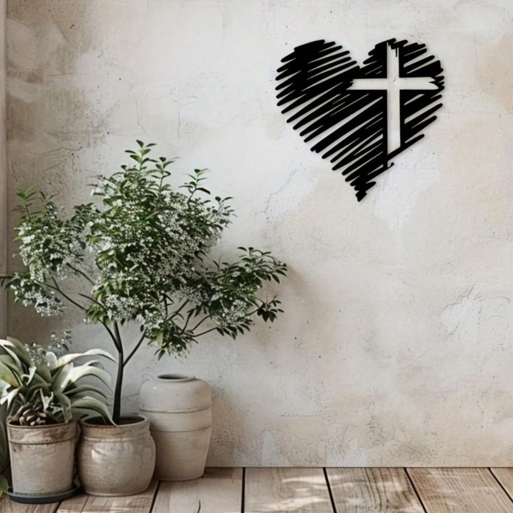 Heart Cross Black Iron Wall Art Religious Sculpture Durable Indoor Outdoor Faith Decor Gift for Home Church