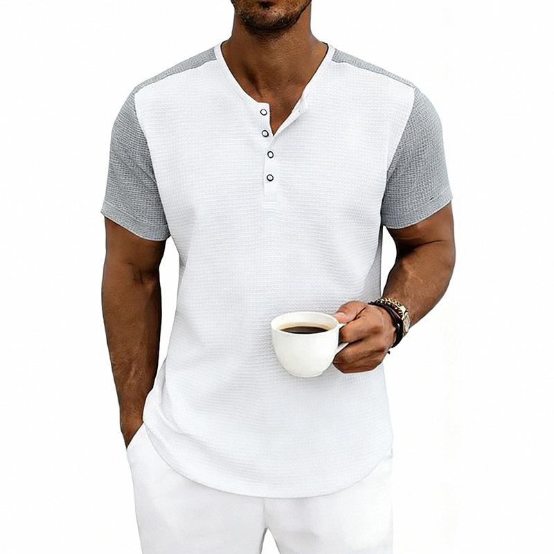 Mens Loose Short Sleeve Waffle Henley T Shirt Summer Casual Top