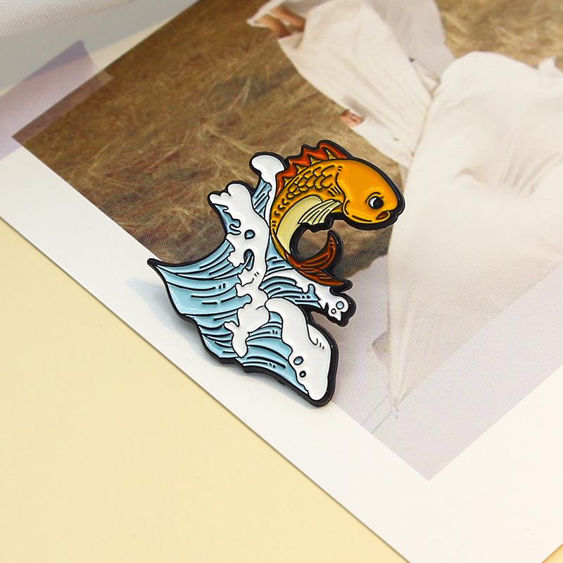 Wavy Yellow Koi Cartoon Enamel Pin: Happy Swimming Badge