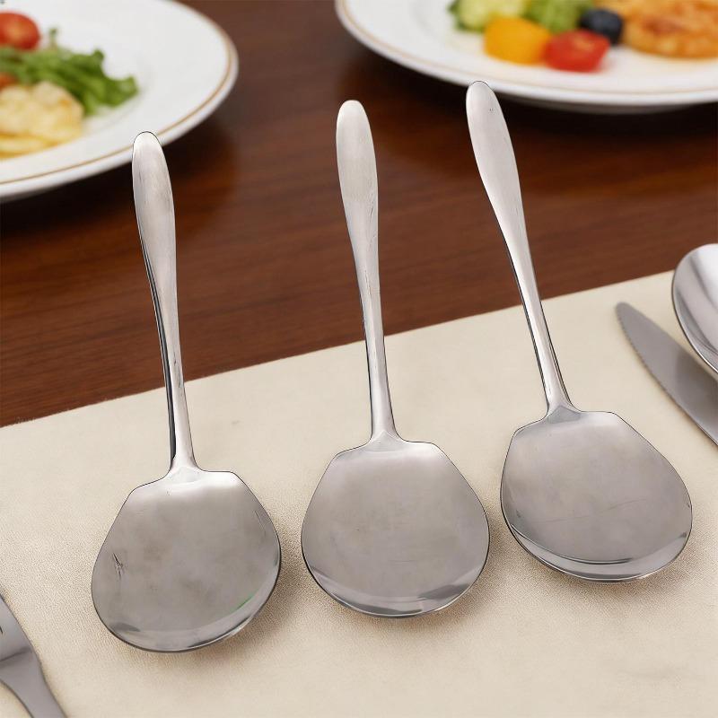 6/1PCS Large Stainless Steel Round Soup Spoons Thickened Long Handle Dining Spoon Tablespoons Big Head Scroops Kitchen Utensils