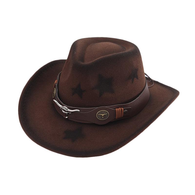 Western Cowboy Hat Wool Jazz Top Hat Ethnic Style Versatile Bullhead Hat Strap