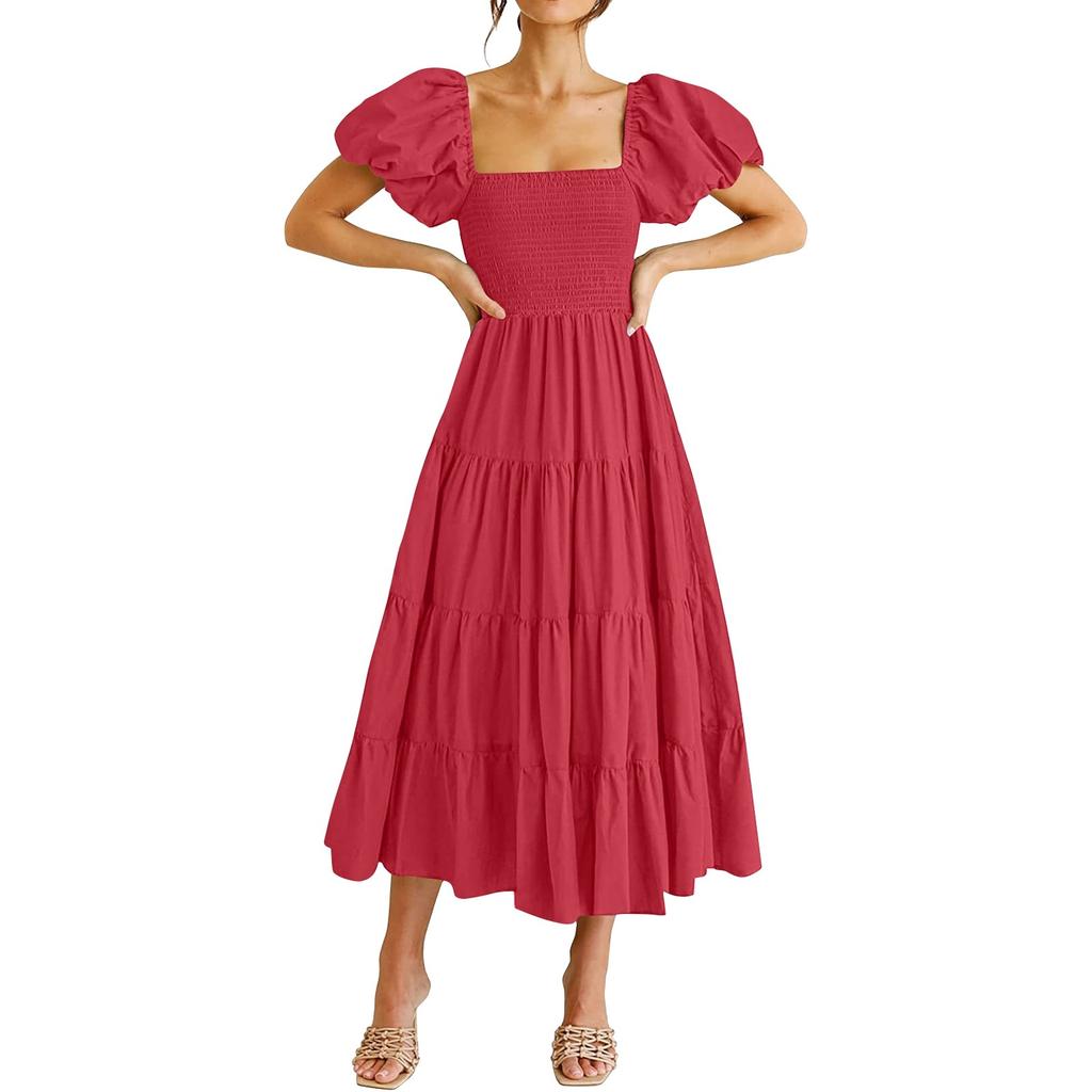 Women's Fashion Solid Colour Square Neck Backless Bubble Sleeve Pleated Short Sleeve Dresses