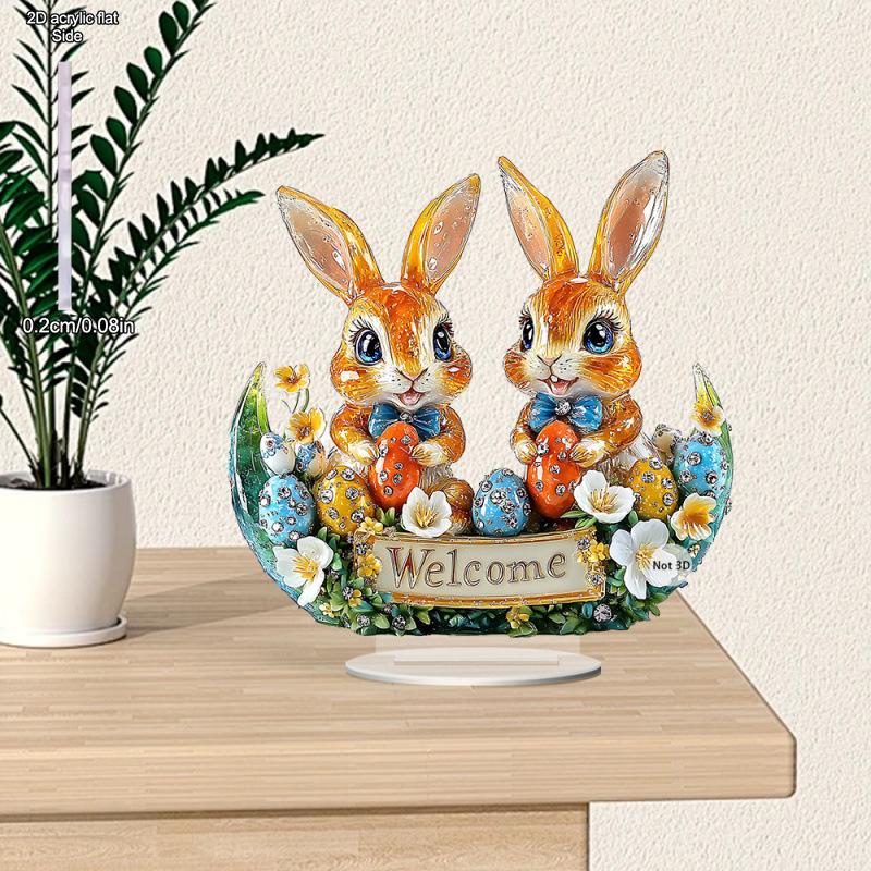 2D Flat, Easter Cute Rabbit Acrylic Desktop Decoratio, with Base, Suitable for wall decoration, porch, room, villa, accents Home, Hallway, or Workplac A