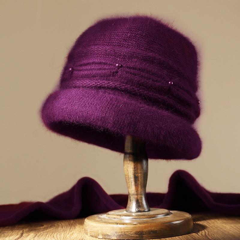 

Шапка для пожилой женщины средней полноты, зимняя шерстяная шапка для пожилого мужчины, вязаная из кроличьего пуха, бабушкина шапка средней полноты, для мамы, свекрови, теплая шапка-ведро One size темно-фиолетового