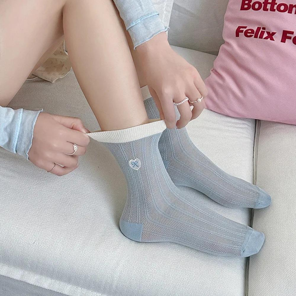 Summer Thin Mesh Breathable Women Socks Bow Embroidery Japanese Kawaii Cute Socks Women Korean Style Girls Cotton Long Socks Sox