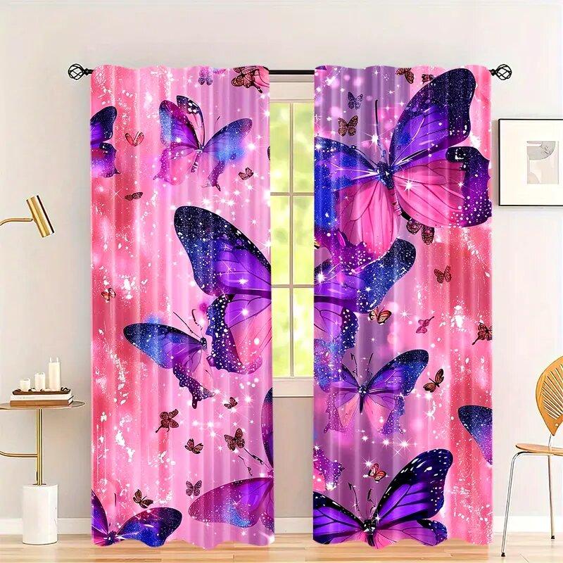 Pinkish Purple Butterfly Print Curtains Suitable Bedroom Living Room Kitchen Decoration Home Window Decor Set Of 2 Made Polyester Great