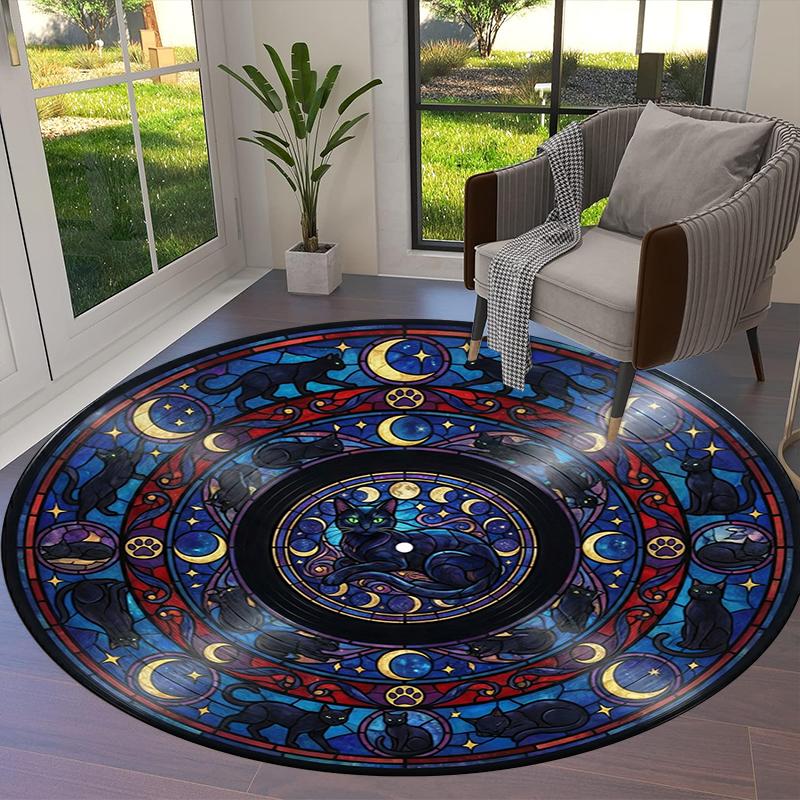 Stained Window Black Cat Round Area Rug,Carpet Rug for Living Room Bedroom Sofa Playroom Decor,Non-slip Floor Mat Q0043
