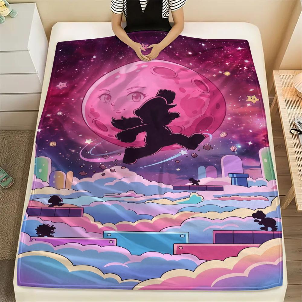 Warm Print Flannel Blanket Mario Theme Comfortable Throw for Bed Couch Sofa Chair Travel Picnic Portable Bedding -Xin 75x90cm