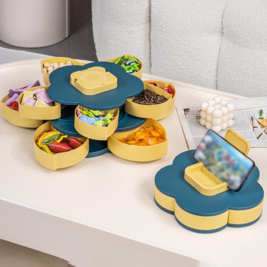 Single/Double Layer Rotating Snack Box with Lid 10 Compartment Divided Serving Tray Party Appetizers Smooth Swivel Lazy Susan Organizer