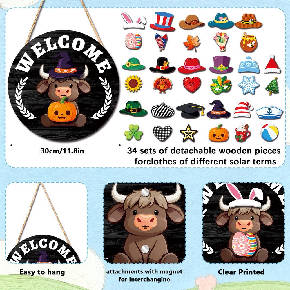 MZ982 3D Interchangeable Wooden Listing - Holiday Decoration DIY Cow Pendant with Changeable Outfits and Accessories