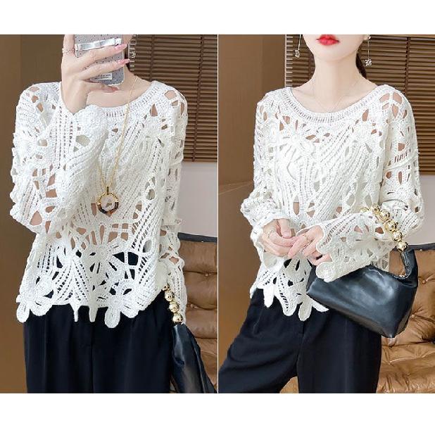Early Autumn Heavy Industry Crocheted Hollow-Out Pullover Loose Top Long-Sleeved Sunscreen Knitted Blouse