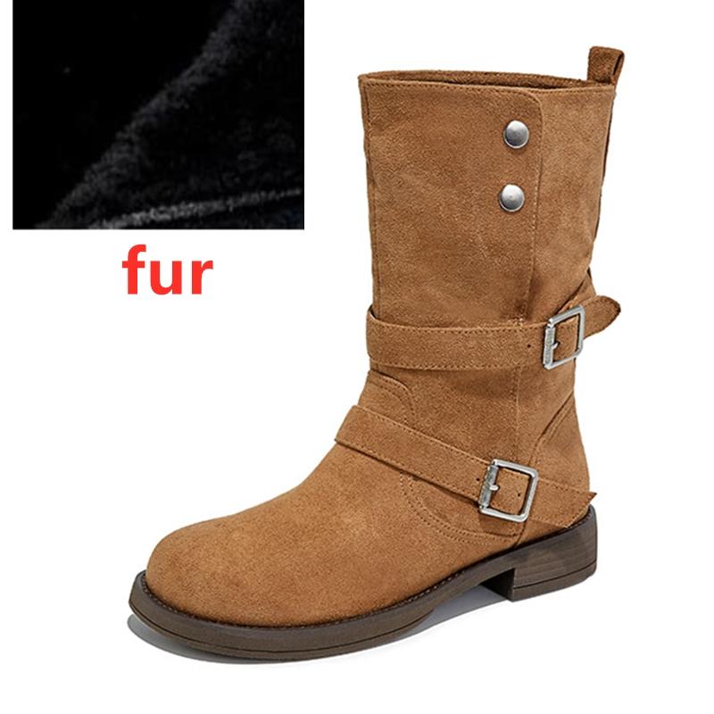 Fashion AIYUQI2025 New Women's Western Cowboy Boots Non-Slip Buckle Women Motorcycle Boots Large-Size Autumn/Winter Mid-Cut Female Boots