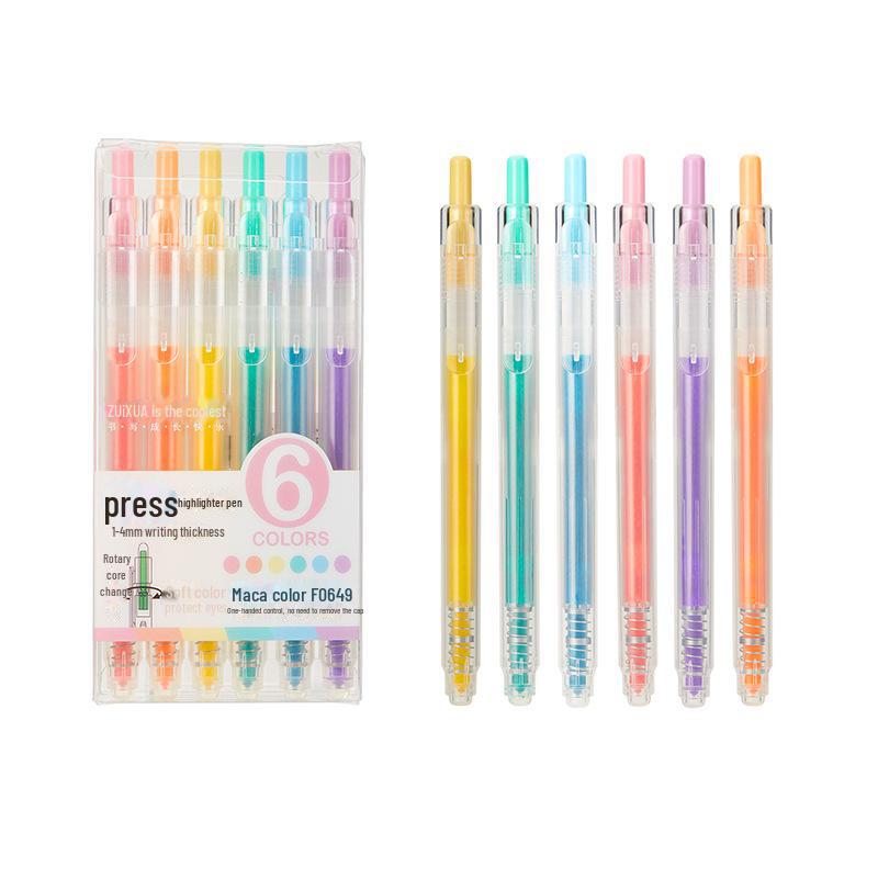 6-Color Fluorescent Click Pens: Eye-Friendly Watercolor Brush Pens for Students, Key Point Highlighting, and Handbook Marking.