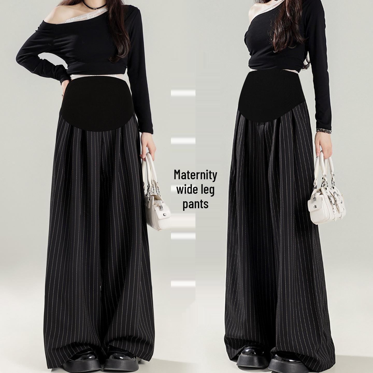 2025 Classic Black Striped Wide-Leg Maternity Suit Pants for Autumn-Winter 3XL