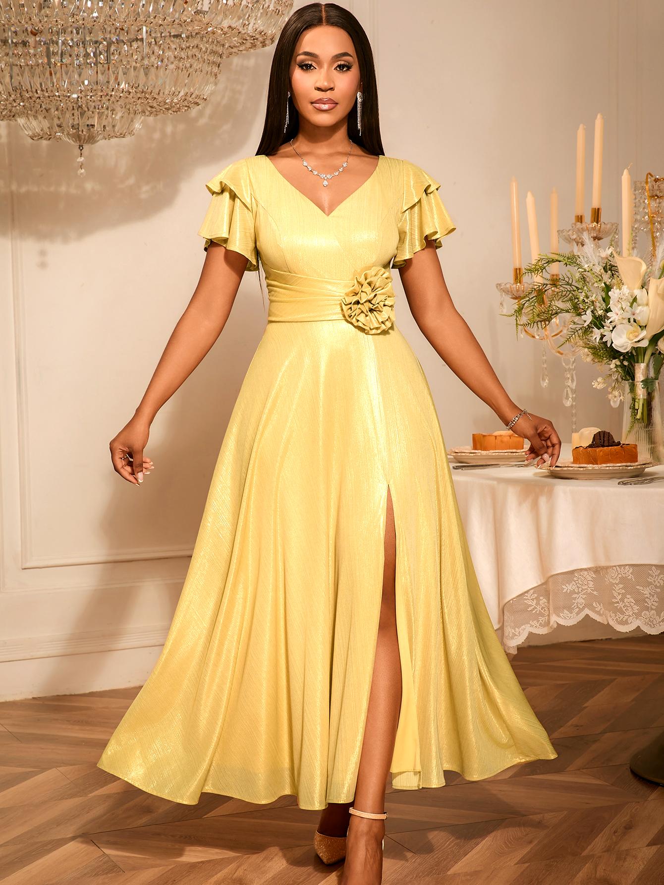 

Женское элегантное платье макси с V-образным вырезом, рукавами-бабочками, 3D-цветами на талии и боковым разрезом. Идеально подходит для свадеб, гала-вечеров, демонстрирует изящный стиль. XXL золотой