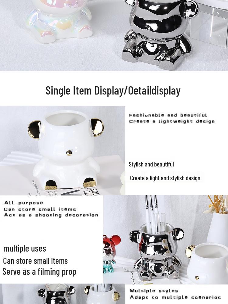 Trendy Bear Pen & Brush Holder with Sandpaper Storage for Manicure Tools – Desktop Organizer & Photo Prop