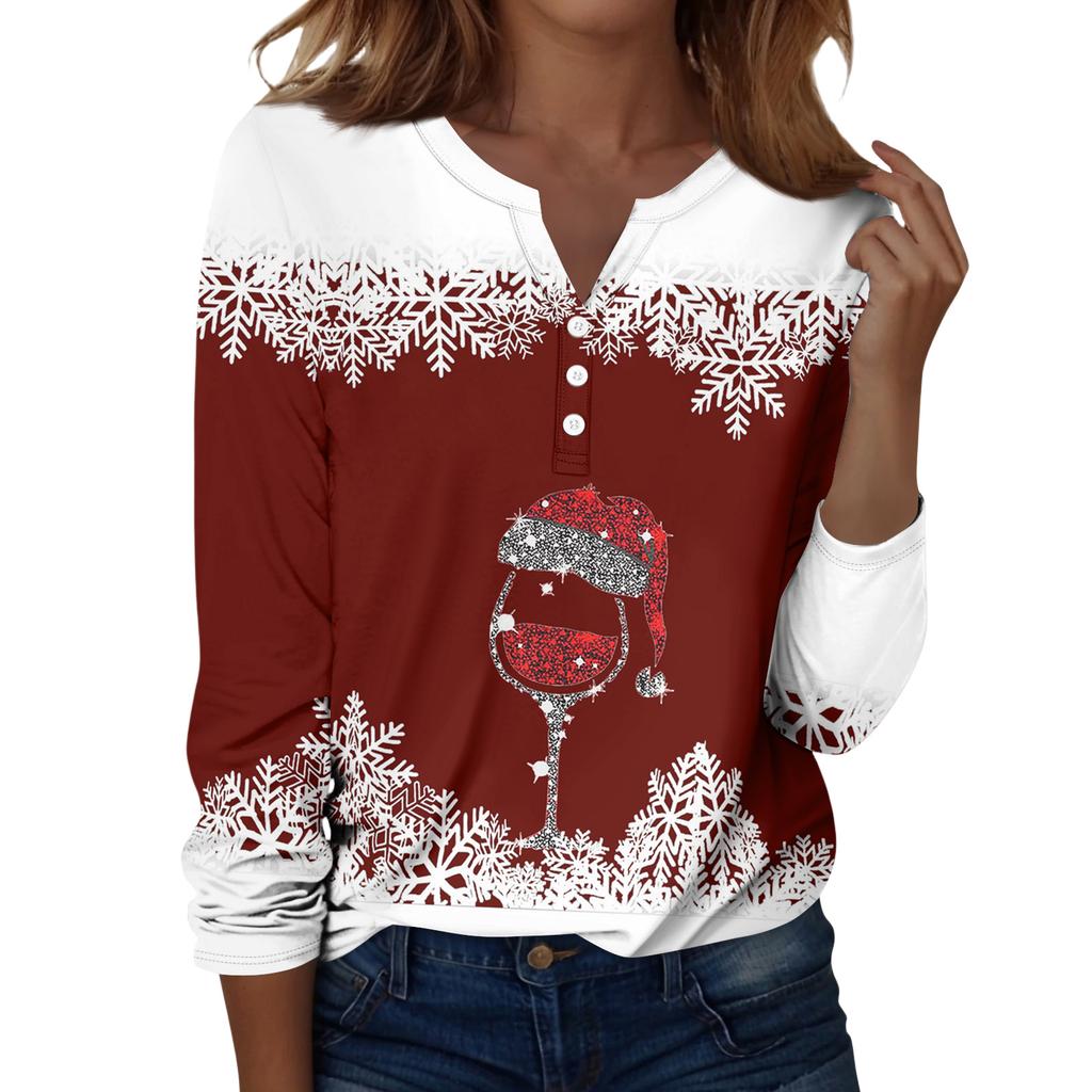 Damen T-Shirt mit Weihnachtsdruck, Knopfleiste, lange Ärmel, für den Alltag, Wochenende, modisch, Basic, V-Ausschnitt, normales Oberteil