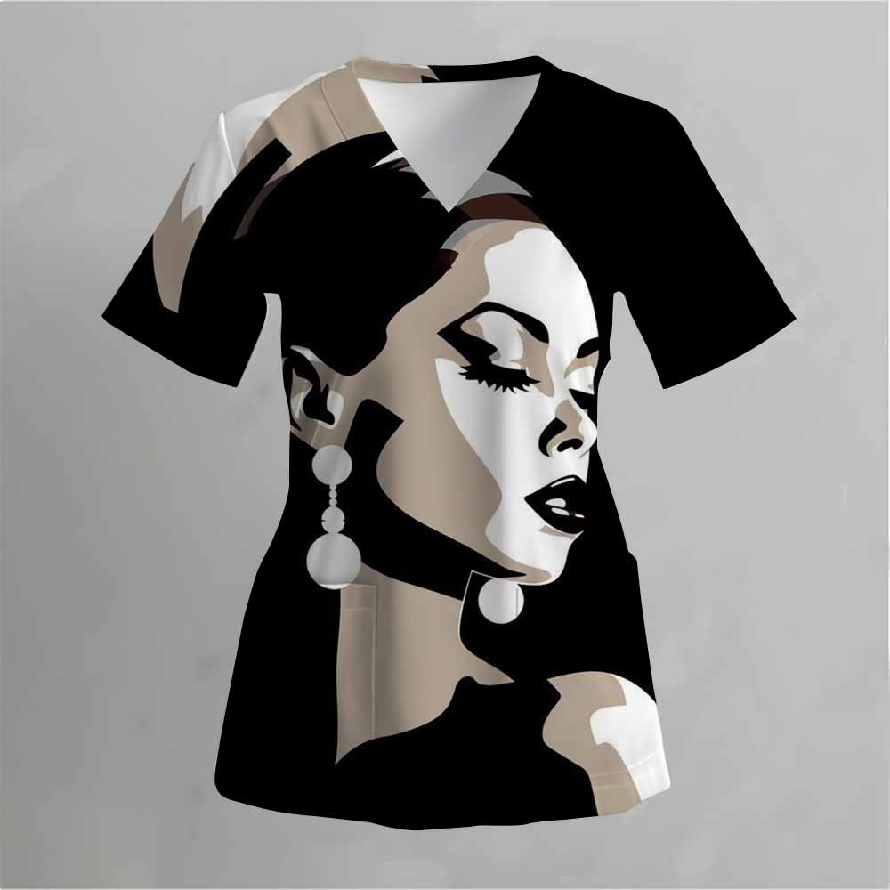 Uniformă Medicală Mată Model Pisică Panglică Roz Femei Uniformă Top cu Mânecă Scurtă cu Guler în V cu Buzunar Femei Mat