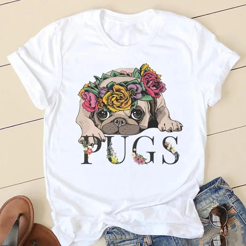 Sweet Love Pug Streetwear White Fashion Women T-Shirts Harajuku Kawaii Clothes Short Sleeve Summer Tee Casual Female Tops O-Neck