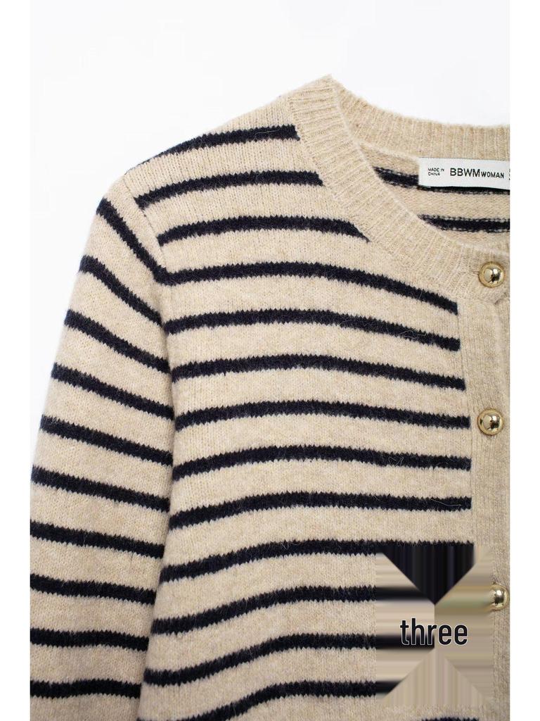 Women's Color Block Striped Knit Cardigan with Round Neck and Long Sleeves