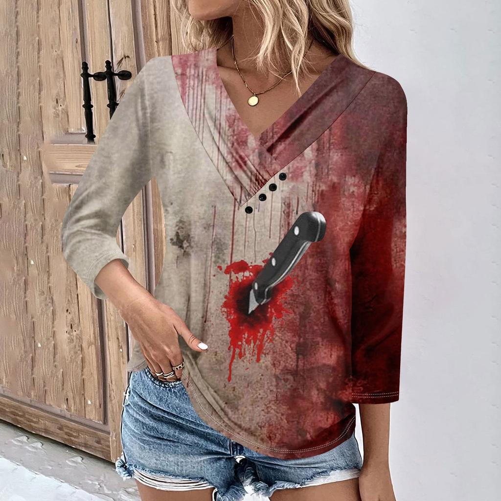Womens 3/4 Sleeve Daily Weekend V Neck Casual Printed Tshirts Loose Fit Pleated Tees Button Down Shirts