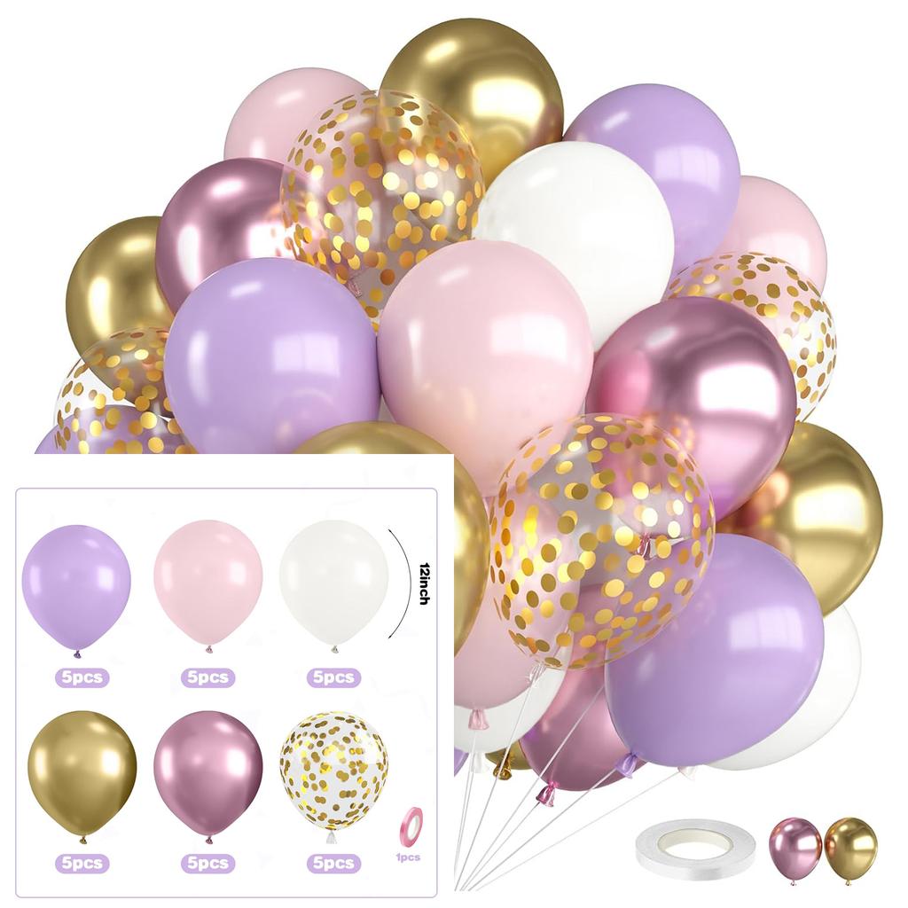 12inch-30pcs Pink Purple Gold Latex Balloon Set with Confetti, Suitable for Weddings, Birthdays, Popular Parties, Bridal Showers