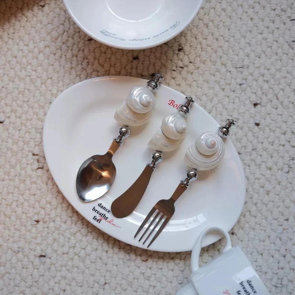 Light Luxury Natural Conch Shell Dessert Fork Spatula Stainless Steel Flatware Kitchen Utensils Set Home Tableware Spoon Gift