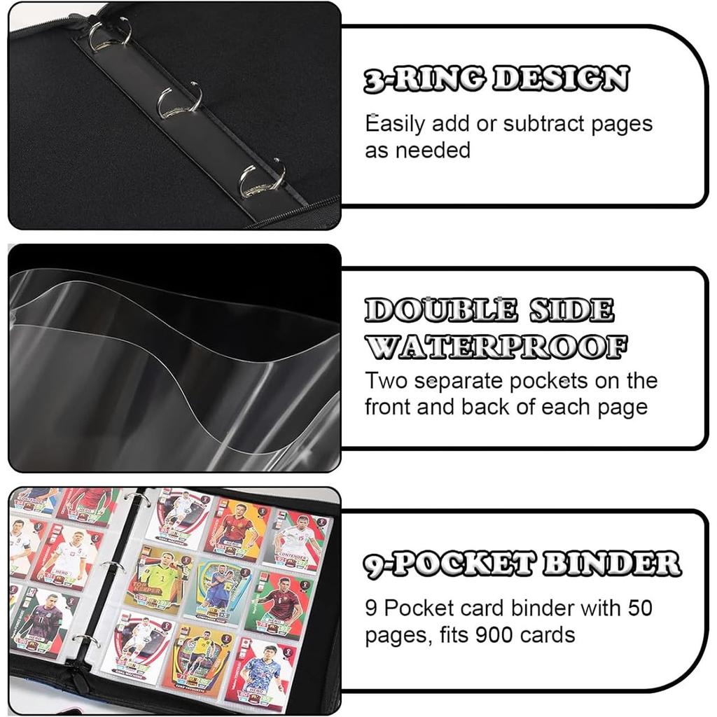Card Album with Zipper, 9-Pocket 50 Pages Holds 900 Cards, Wear-Resistant and Waterproof, Ideal for Collectors