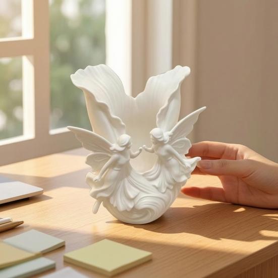 3D Printed Pen Holder 2 Angels Wings Decorative Pencil Cup Multi-functional Desk Organizer for Office Home Workspace