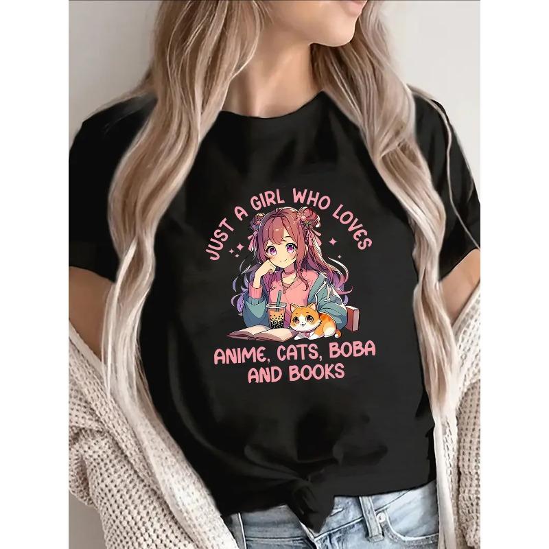 Black Polyester Short Sleeve T-Shirt for Anime Cat Boba Book Lover, Lightweight Comfortable Design, Perfect for Casual Wear at Home or Cafe S чёрный