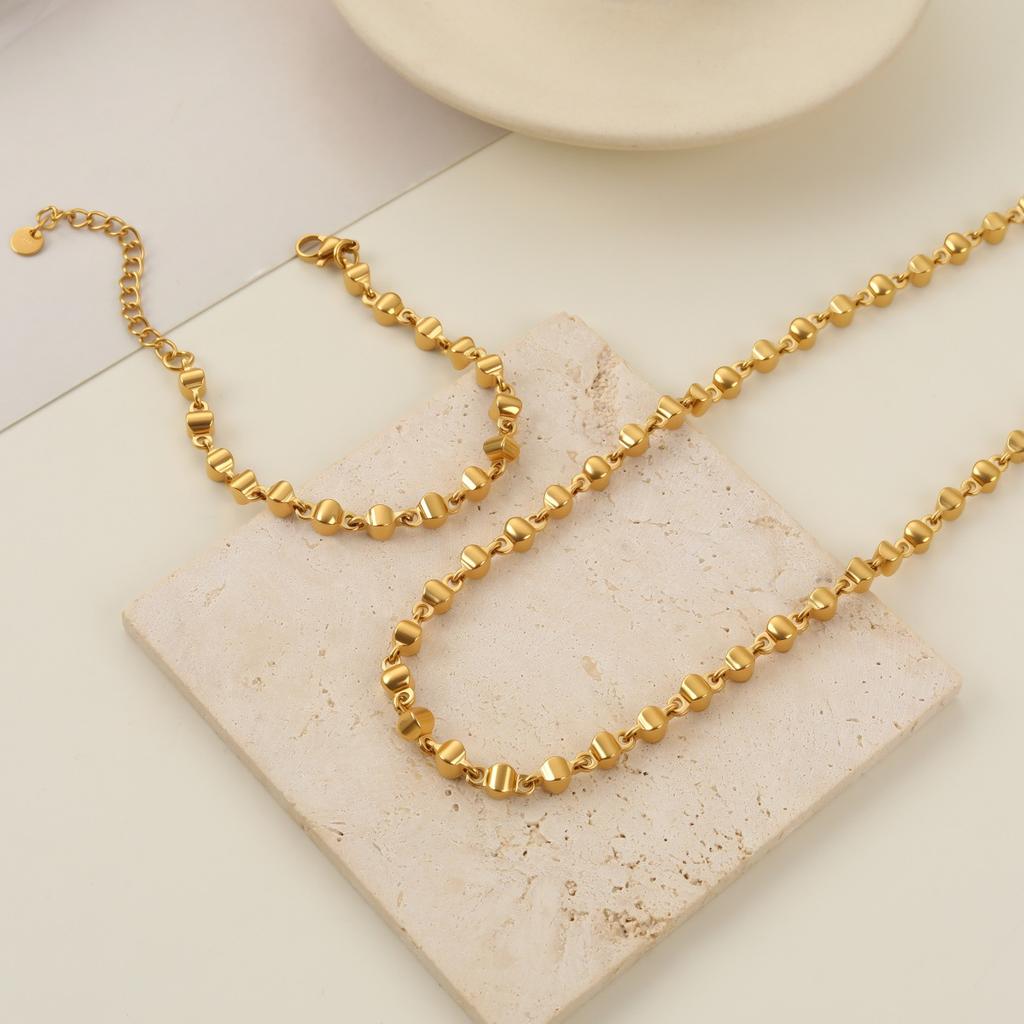 GEMCHIC Women's Stainless Steel Minimalist Geometric Block Bead Necklace and Bracelet Set Fashion Jewelry Set