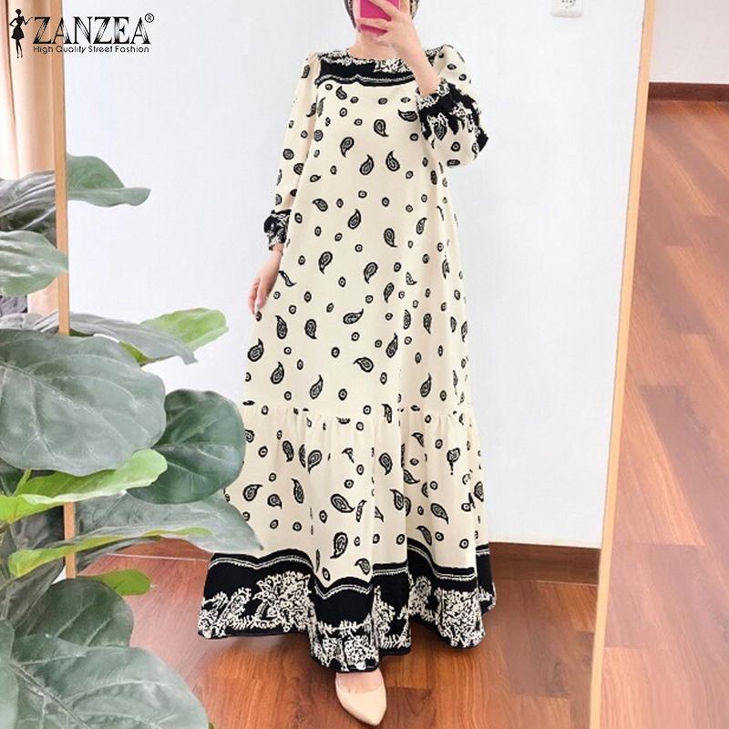 ZANZEA Women Casual Round Neck Long Sleeve Loose Retro Print Dress