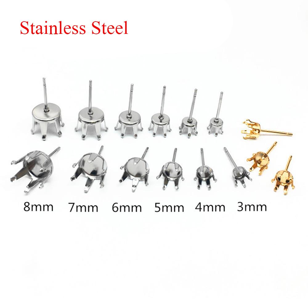 50pcs/lot Stainless Steel 3mm-8mm Blank Stud Earring Claw Ear Post Pins Cup Base Earrings Setting DIY Jewelry Making Findings