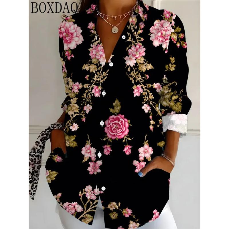 2026 New Women's Blouse Casual 3D Flower Pattern Printed Long Sleeve Lapel Button Loose Shirts Fashion Women's Clothing Tops