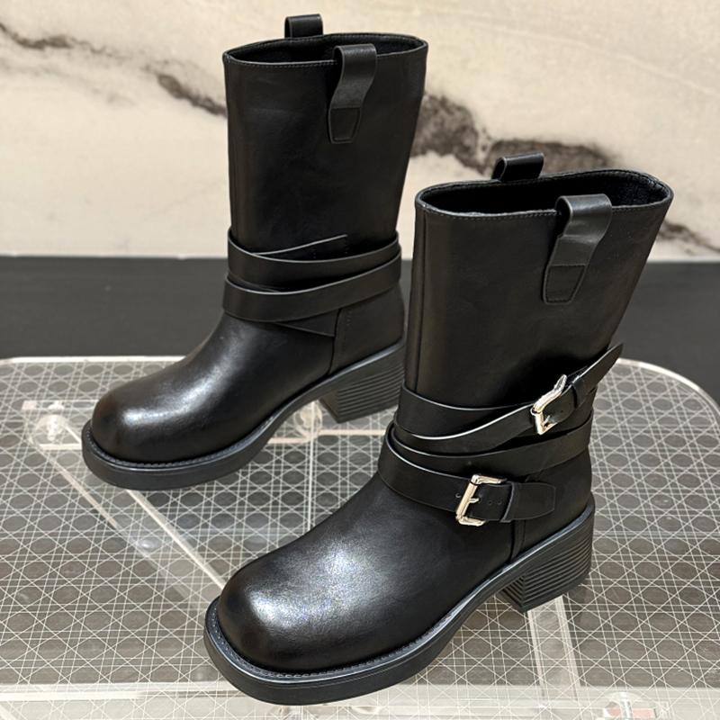 Fashion Belt Buckle Women Mid Calf Boots Punk Style Square Toe Thick Heels Shoes Autumn Winter Western Cowboy Booties