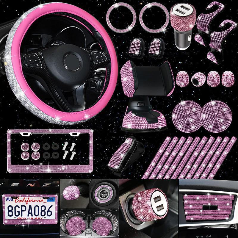 Diamond-studded Car Interior Accessory Set: Handbrake, Gear Cover, License Plate, Steering Wheel, Shoulder Cover, Hook