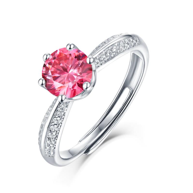 Bague Ringen S925 Silver Set 1ct Moissanite Luxury Round Bag Color Women's Six-prong Pink Adjustable Opening Ring